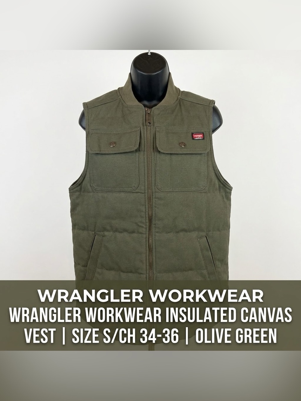 Wrangler Workwear Mens Canvas Puffer Vest Olive Green Insulated Size Small (34-3
